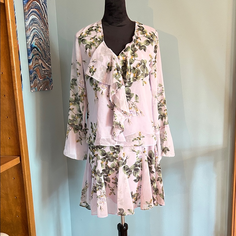 White House Black Market Pale Pink Floral Ruffle Blouse